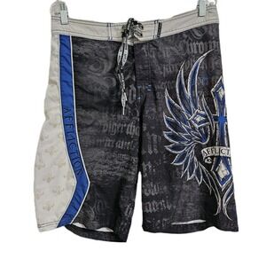 Affliction Board Shorts Mens 33 Black Blue Swim Trunks Grunge Gothic 11" MMA